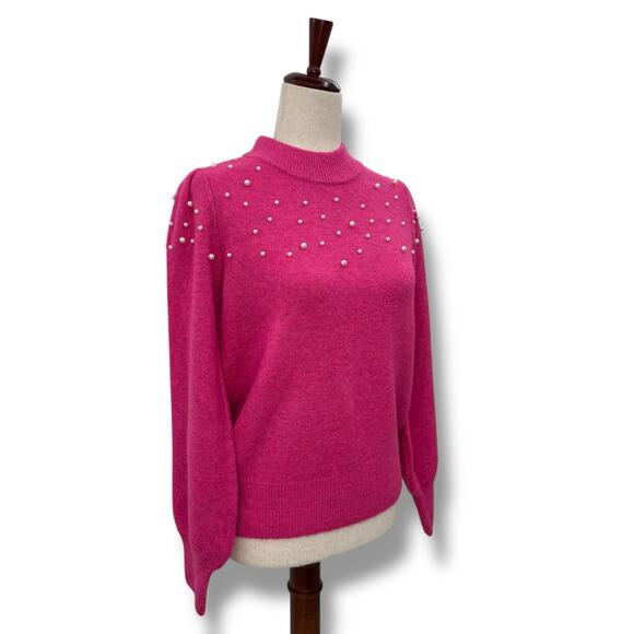 CeCe Hot Pink Sweater with pearls medium balloon sleeve Preppy Coquette Knit - Picture 4 of 13